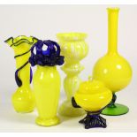 (Lot of 12) Czech art glass group, consisting of vases and a lidded candy dish, each in yellow glass