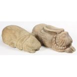 (Lot of 2) Reed Brothers Northern California hand carved pine decorative rabbits, 5.5"h x 5.5"w x