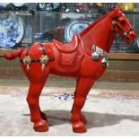 Chinese large cinnabar lacquered horse, caparisoned and decorated with bone and stone inlay, 32.5"w