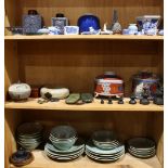 (lot of approx. 63) Three shelves of Asian and Chinese decorative items, underglaze blue porcelain