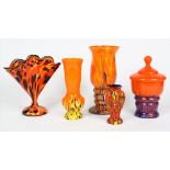 (lot of 10) Mid-Century Modern style art glass group, each executed in orange and having mottled
