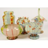 (Lot of 5) Czech art glass group, consisting of bowls and vases, all of which have spaghetti