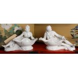 Pair of Continental porcelain figural sweet meat dishes, depicting a male and female reclining