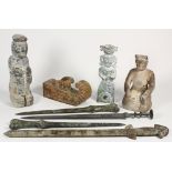 (lot of 8) One shelf of Chinese archaistic decorative items, including three bronze swords; two with