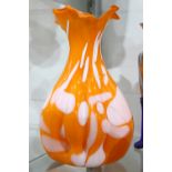 (lot of 8) Czech art glass vase group in assorted shapes, each having an orange finish accented with