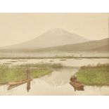 Kusakabe Kimbei (Japanese, 1841-1934), Volcano, Lake, and Boats, circa 1880, hand-colored albumen