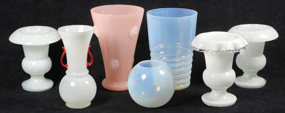 (Lot of 7) Opaline glass vase group, mid-20th Century, including three baluster form urns, two