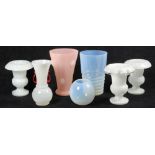(Lot of 7) Opaline glass vase group, mid-20th Century, including three baluster form urns, two
