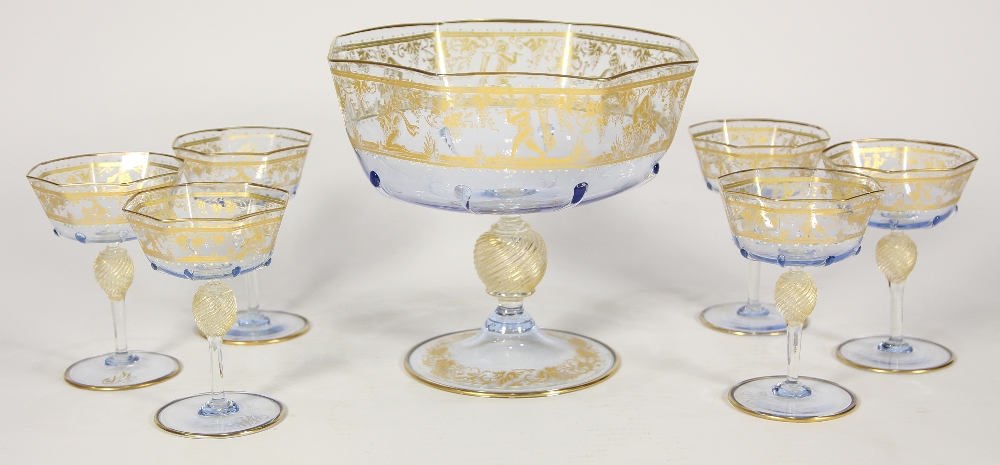 (lot of 7) Venetian crystal and partial gilt stemware, consisting of six goblets and a punch bowl,