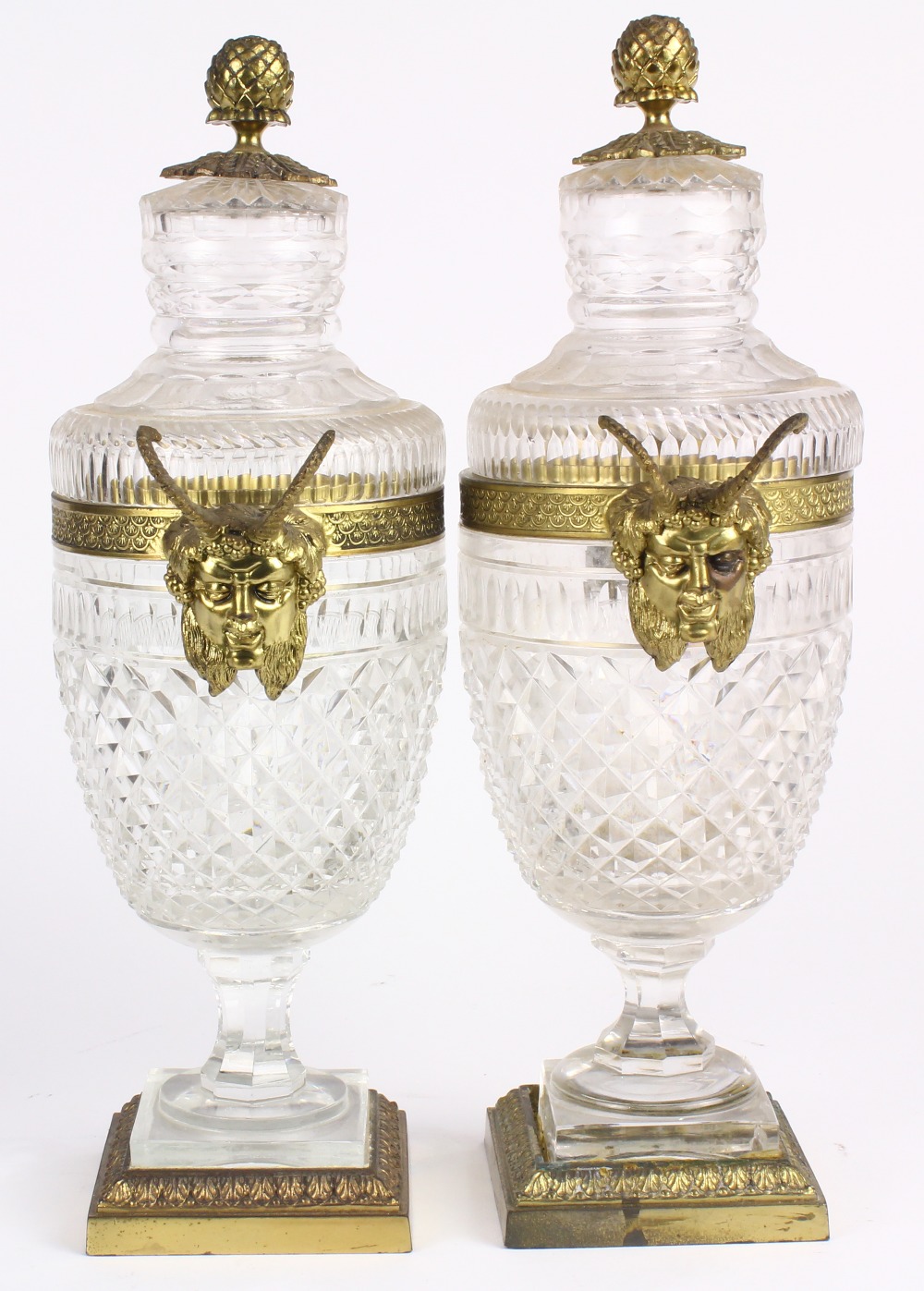 Pair of Neoclassical style cut glass and ormolu lidded urns, the baluster form flanked by mystical - Image 4 of 4