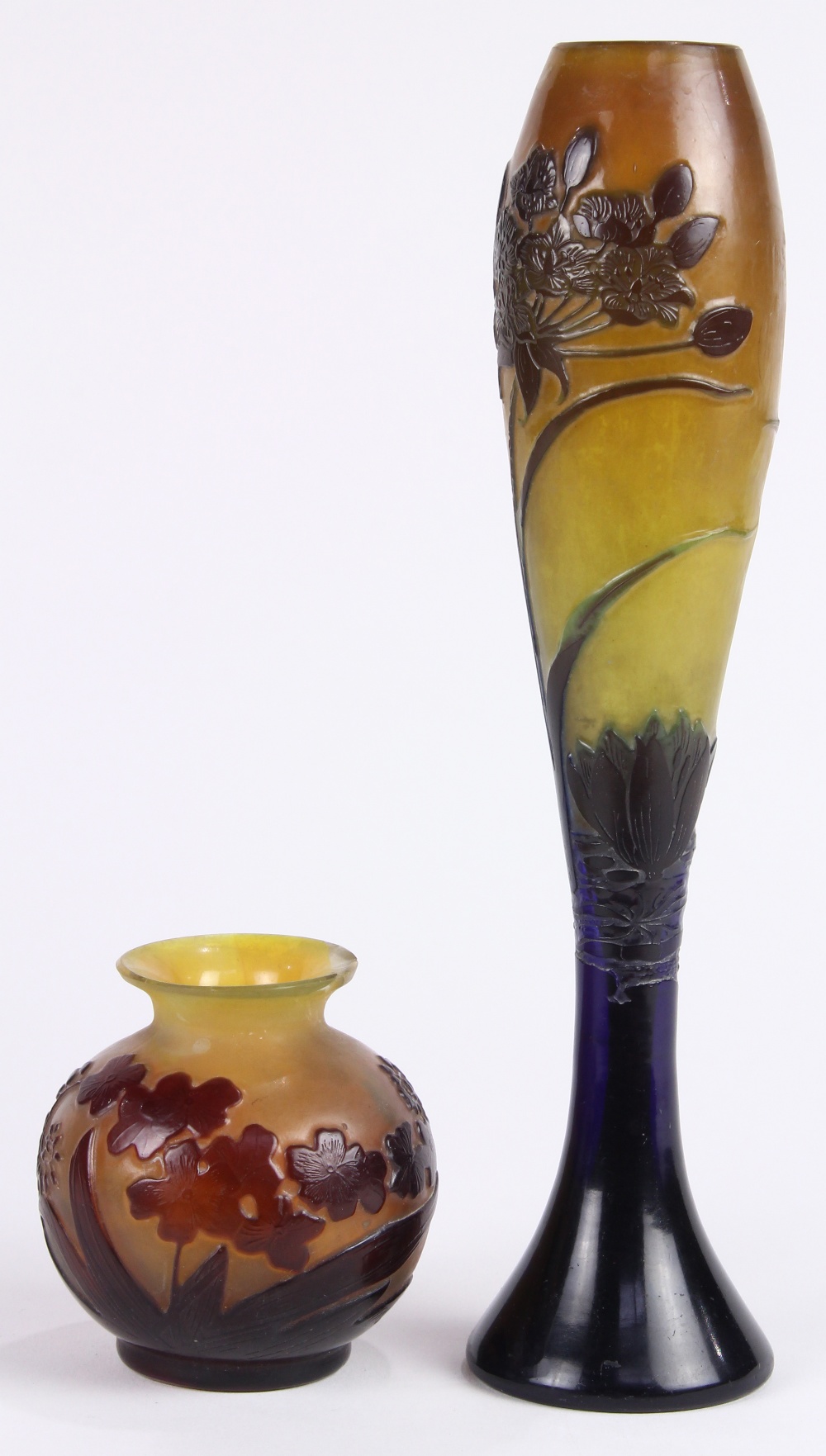 (lot of 2) Galle cameo glass cabinet vases, 1920's, including a slender bud vase example, the