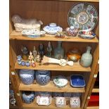 (lot of approx. 60) Four shelves of Chinese and Japanese items: Chinese items include one ceramic