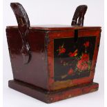 Chinese lacquered rectangular wooden teapot container, with lid and removable handle, front