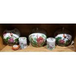 (lot of 6) One shelf of Chinese enamel porcelain vessels, including three ovoid lidded jars and