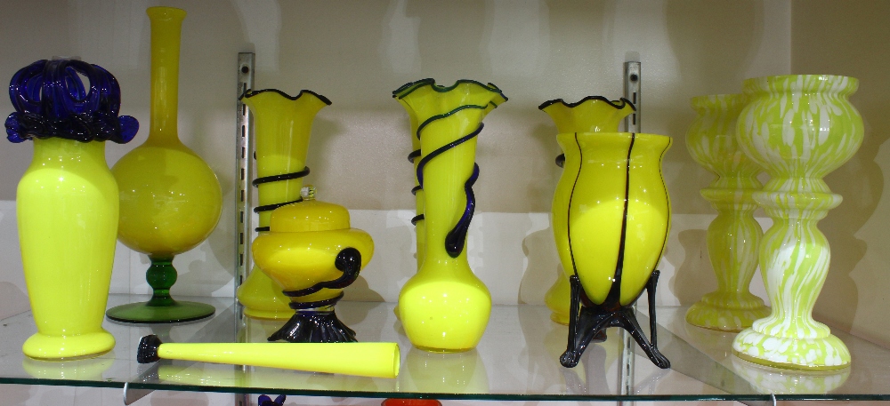(Lot of 12) Czech art glass group, consisting of vases and a lidded candy dish, each in yellow glass - Image 2 of 2