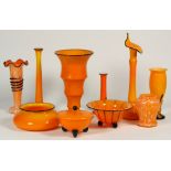 (Lot of 10) Czech art glass group, consisting of bowls and vases in orange glass, many with black