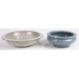 (lot of 2) Chinese ceramic brush washer and plate, one blue crackle glazed brush washer; the second,