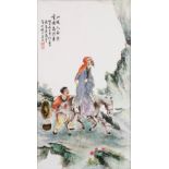 Chinese enameled porcelain plaque, Scholar on Horseback, followed by an attendant carrying