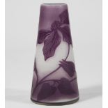 French cameo glass vase, having a conical form, decorated with flowers, executed in violet cut to
