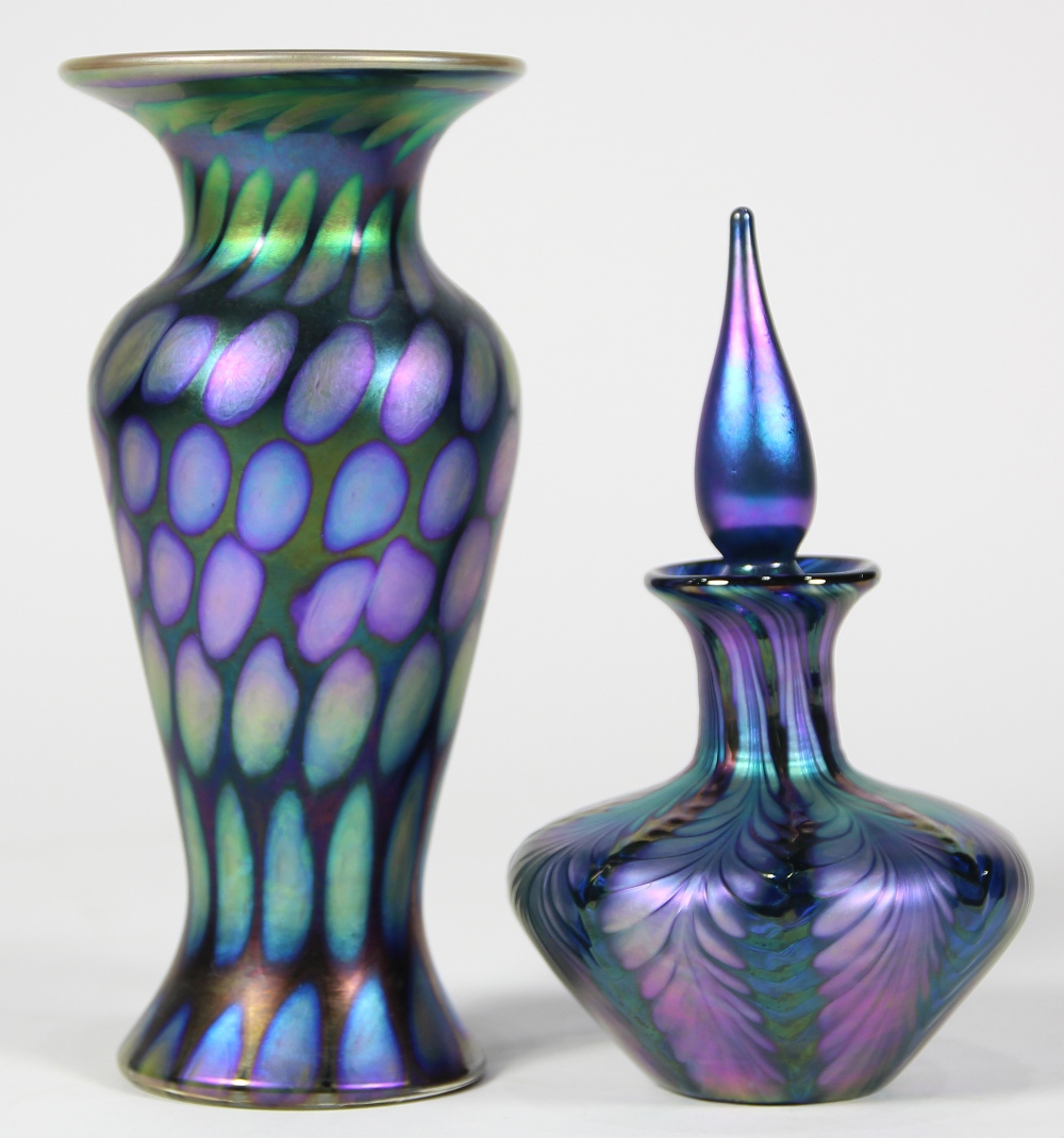 (Lot of 2) Lundberg Studios art glass group, the stoppered perfume bottle having an iridescent