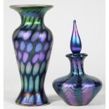 (Lot of 2) Lundberg Studios art glass group, the stoppered perfume bottle having an iridescent