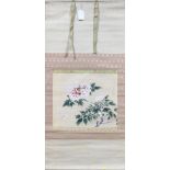 (lot of 2) Japanese scrolls: one ink and color on silk, depicting peonies and butterflies, upper