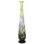 Gallé Art Nouveau tall cameo glass vase, the three color tapered body cut from violet to fern