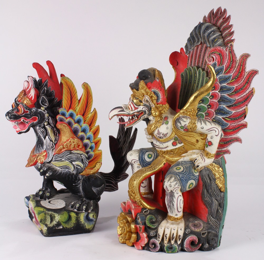 (lot of 2) Indonesian polychrome wood figures, featuring Garuda and a black beast with wings, 19.5" - Image 2 of 4