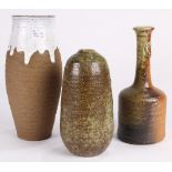 (lot of 3) Japanese pottery: consisting of one Bizen bottle, having a stick neck with the