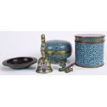 (lot of 5) Group of Chinese cloisonne items: consisting of two cloisonne covered boxes, each with