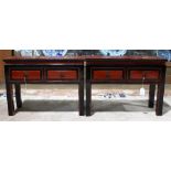 (lot of 2) Chinese red and black lacquered side tables, each fronted by two drawers, above the