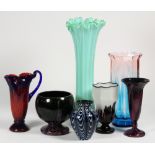 (Lot of 7) Czech art glass group, consisting of vases in purple, green and blue glass, including a