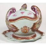 Neoclassical style covered tureen and tray, with polychrome hand decoration of stylized bands and