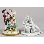 (lot of 2) Continental porcelain figural groups, each depicting a courting couple dressed in