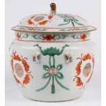 Chinese enamel porcelain lidded container, with green bat suspending a string of cash coins