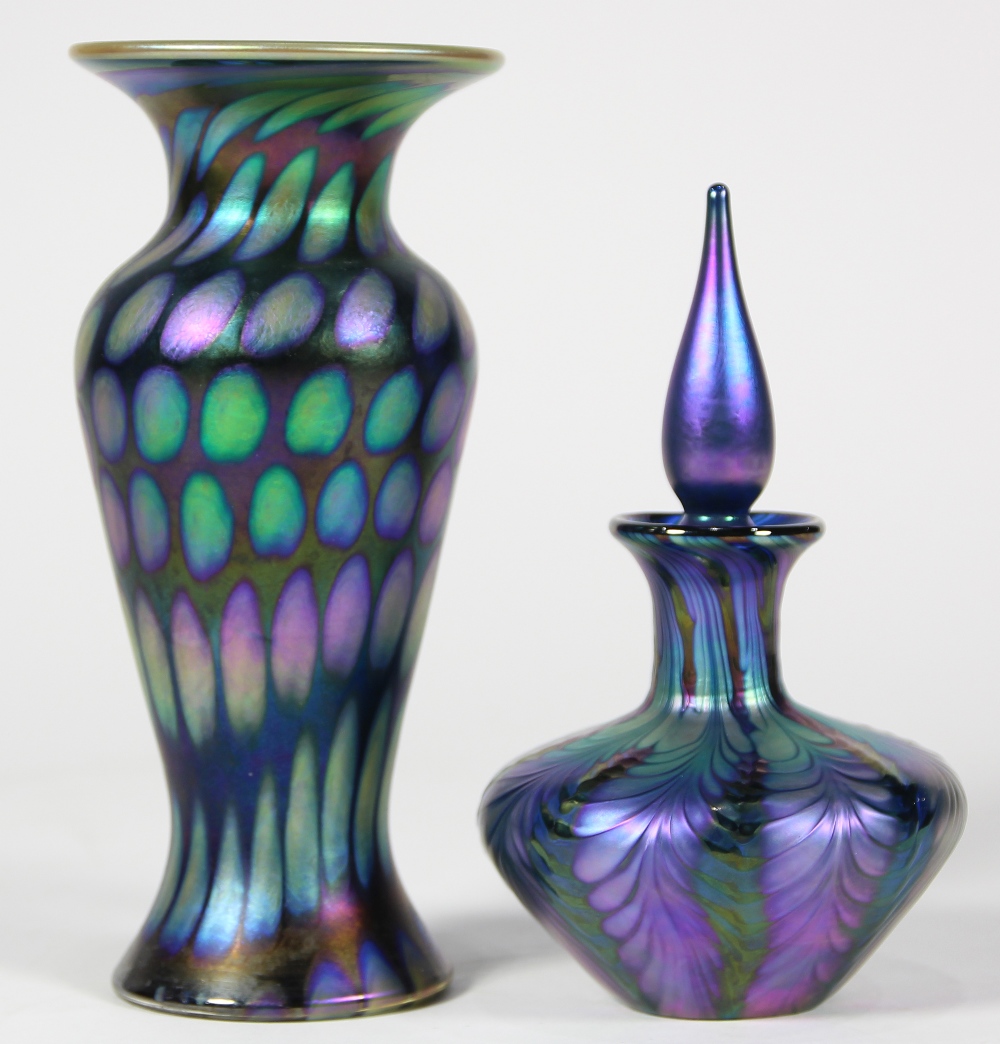 (Lot of 2) Lundberg Studios art glass group, the stoppered perfume bottle having an iridescent - Image 2 of 6