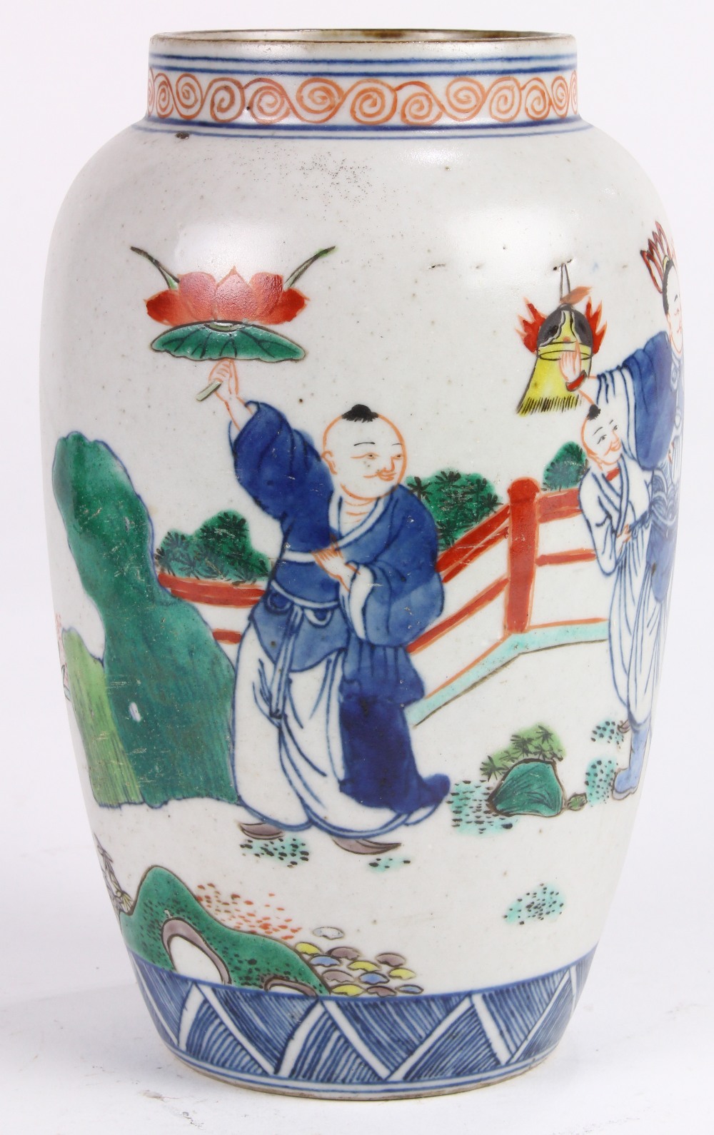 Chinese wucai decorated porcelain jar, the oval body decorated with children playing in the
