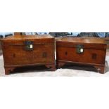 (lot of 2) Chinese lacquered leather trunks, each of rectangular form with hinged lid, fronted by