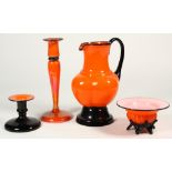 (Lot of 9) Czech art glass group, consisting of candlesticks, bowls, vases and a pitcher, each