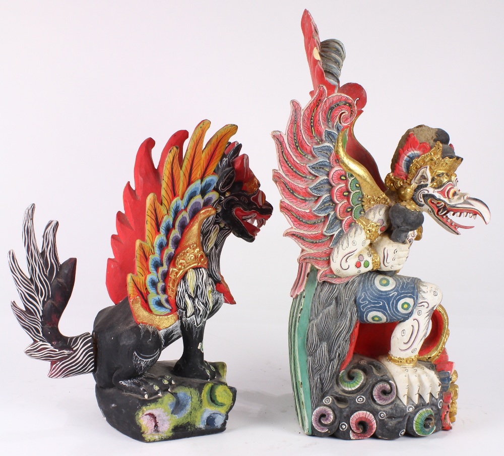 (lot of 2) Indonesian polychrome wood figures, featuring Garuda and a black beast with wings, 19.5" - Image 4 of 4