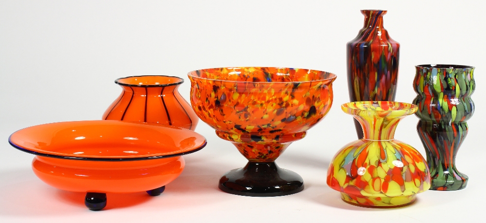 (lot of 14) Mid-Century Modern style art glass group, most executed in orange and having mottled