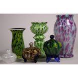 (lot of 6) Mid-Century Modern style art glass group, executed in multiple colors including black,
