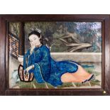 Framed Chinese large reverse glass painting, Reclining Beauty in Blue, featuring a garden rock in