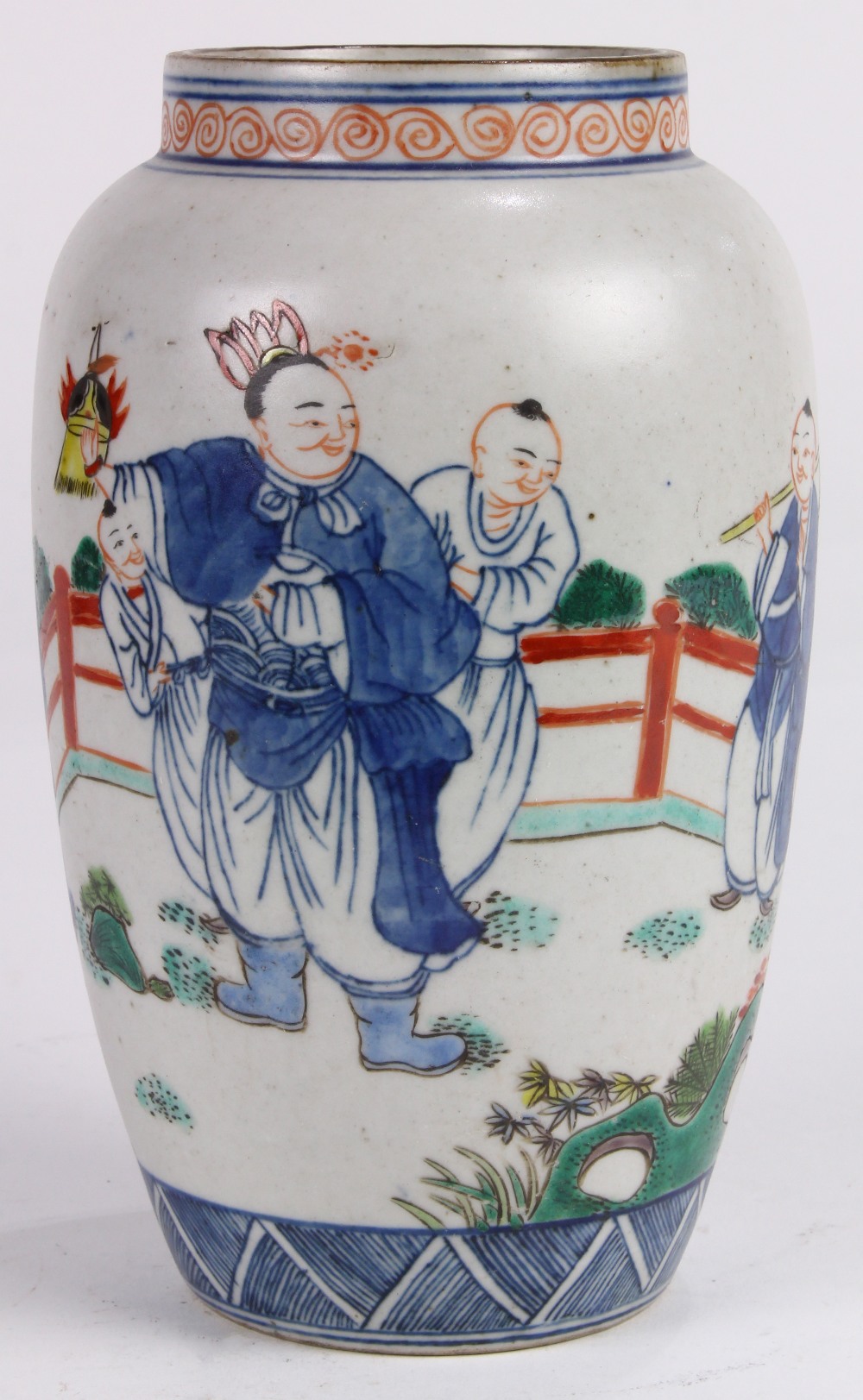 Chinese wucai decorated porcelain jar, the oval body decorated with children playing in the - Image 2 of 6