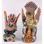 (lot of 2) Indonesian polychrome wood figures, featuring Garuda and a black beast with wings, 19.5"