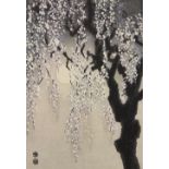 Kotozuka Eiichi (Japanese, 1906-1979), 'Drooping Cherry Blossoms', woodblock print, sight: 15"h x