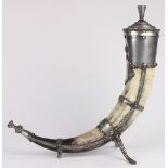 German or Austrian drinking horn, accented with silverplate mounts, cap, and lid, having a central