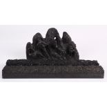 (lot of 3) Chinese wood carvings, the first in the form of a mountain range fronted by a deer and