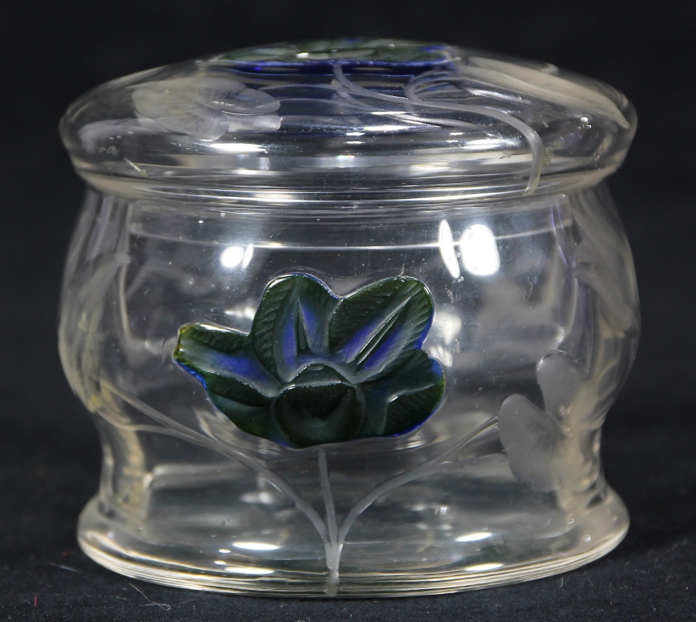 Moser crystal glass dresser jar, executed in clear glass, the lid decorated with etched flowers,