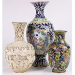 (lot of 3) Chinese decorative vases: consisting of one white lacquer vase carved with figures in